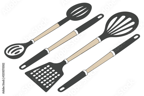 97 Kitchen utensils, wooden handles, black nylon tools, minimalist design, cooking implements, spatula, ladle, slotted spoon, pasta server, clean layout, symmetrical arrangement, white background, cul