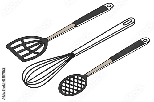 97 Kitchen utensils, wooden handles, black nylon tools, minimalist design, cooking implements, spatula, ladle, slotted spoon, pasta server, clean layout, symmetrical arrangement, white background, cul
