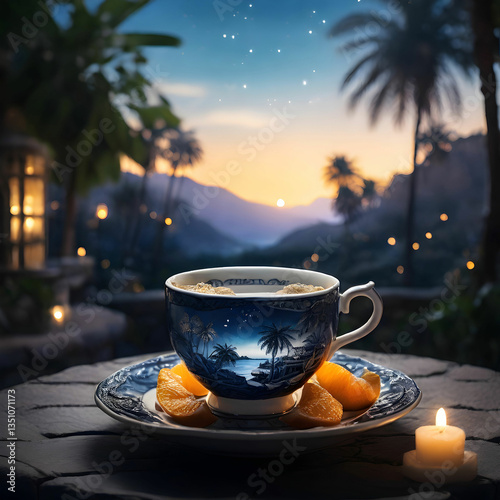Cinematic teacup with a summer landscape inside, featuring a cozy patio among glowing palm trees