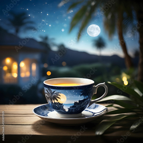 Cinematic teacup with a summer landscape inside, featuring a cozy patio among glowing palm trees