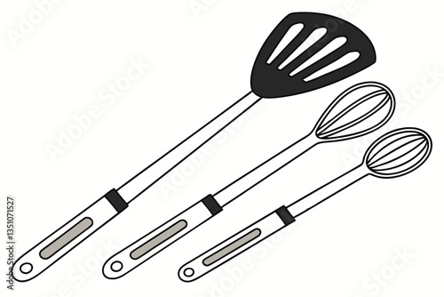 97 Kitchen utensils, wooden handles, black nylon tools, minimalist design, cooking implements, spatula, ladle, slotted spoon, pasta server, clean layout, symmetrical arrangement, white background, cul