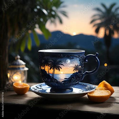 Cinematic teacup with a summer landscape inside, featuring a cozy patio among glowing palm trees