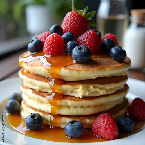 Fluffy Pancakes with Maple Syrup and Fresh Berries – Delicious Breakfast Stack