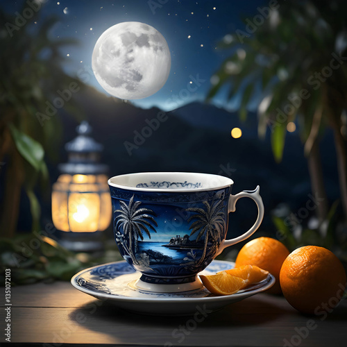 Cinematic teacup with a summer landscape inside, featuring a cozy patio among glowing palm trees