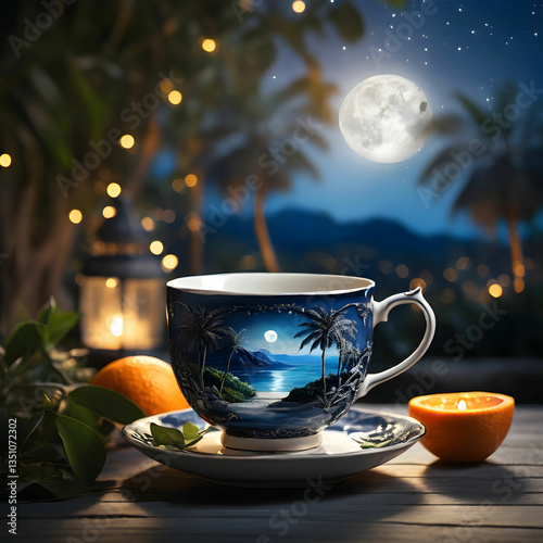 Cinematic teacup with a summer landscape inside, featuring a cozy patio among glowing palm trees