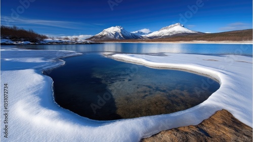 Frozen lake with clear water hole.  Winter landscape with snow-covered shore and mountains in the distance
