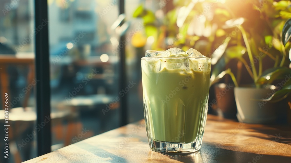 Iced matcha latte drink on a cafe table with sunlight and plant background. Perfect for articles about cafes, drinks, or a healthy lifestyle. Iced matcha latte drink on a cafe table with sunlight and plant background. Perfect for articles about cafes, drinks, or a healthy lifestyle.