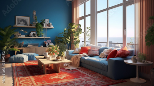Bright Apartment Interior with Ocean Blue Walls and Cozy Decor
