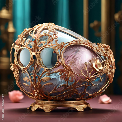 Hyperrealistic designer rose-colored glasses in a high-end fashion ad with intricate, luxurious details