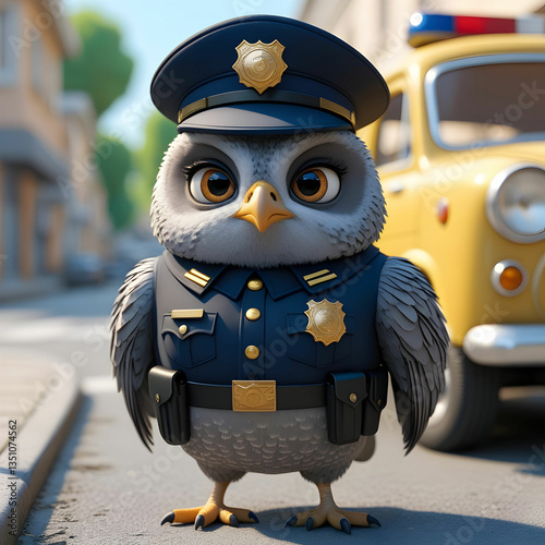 Cartoonish owl-like bird in a police uniform with gold insignia, wearing a dark blue cap