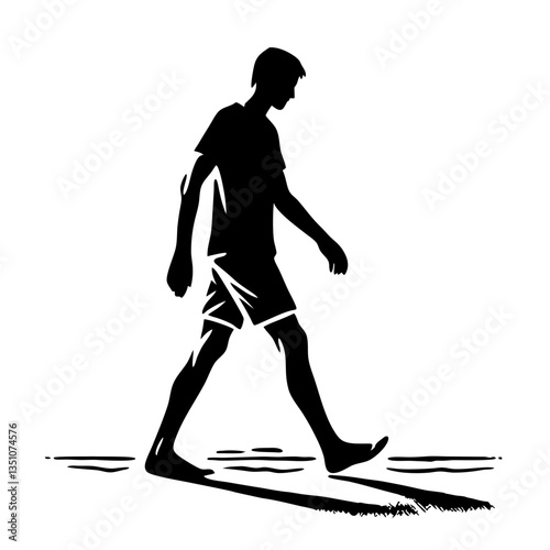 Silhouette of a boy walking leisurely barefoot on the beach  