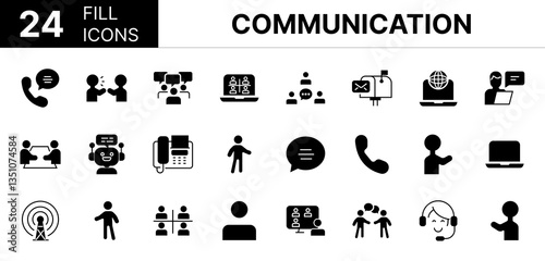 Collection of 24 communication fill icons featuring editable strokes. These outline icons depict various modes of communication, business, set, line, group, outline, people, phone, chat, contact, supp