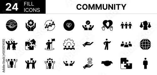 Collection of 24 community fill icons featuring editable strokes. These outline icons depict various modes of community, icon set, people, stroke, handshake, hand, blue, success, workshop, team, 