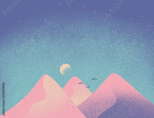 Dreamy Pastel Landscape with Moon and Stars