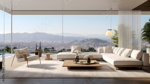 Serene mountain view living room, minimalist design with expansive windows showcasing a breathtaking panorama and soft, natural light.