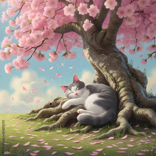 A little cat peacefully sleeping under a blooming, animated cherry tree in a serene setting.