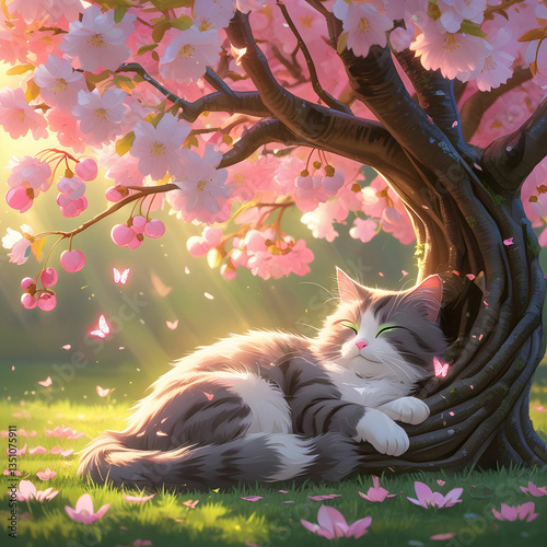 A little cat peacefully sleeping under a blooming, animated cherry tree in a serene setting.