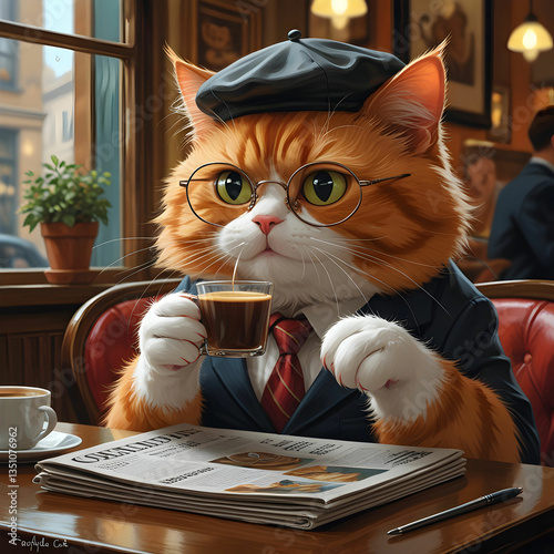 Chubby orange cat with white paws, sipping coffee at a fancy cafe, wearing a beret and glasses.