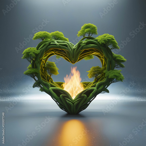 Surreal 3D heart of interwoven green trees, glowing with natural light on a gray background