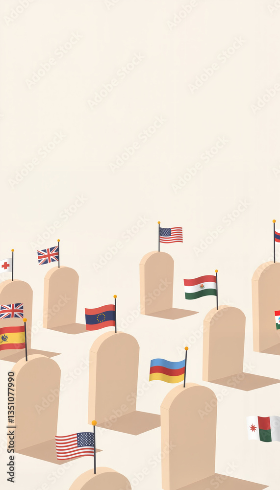Military Cemetery with Flags Displaying National Identity Military Cemetery with Flags Displaying National Identity