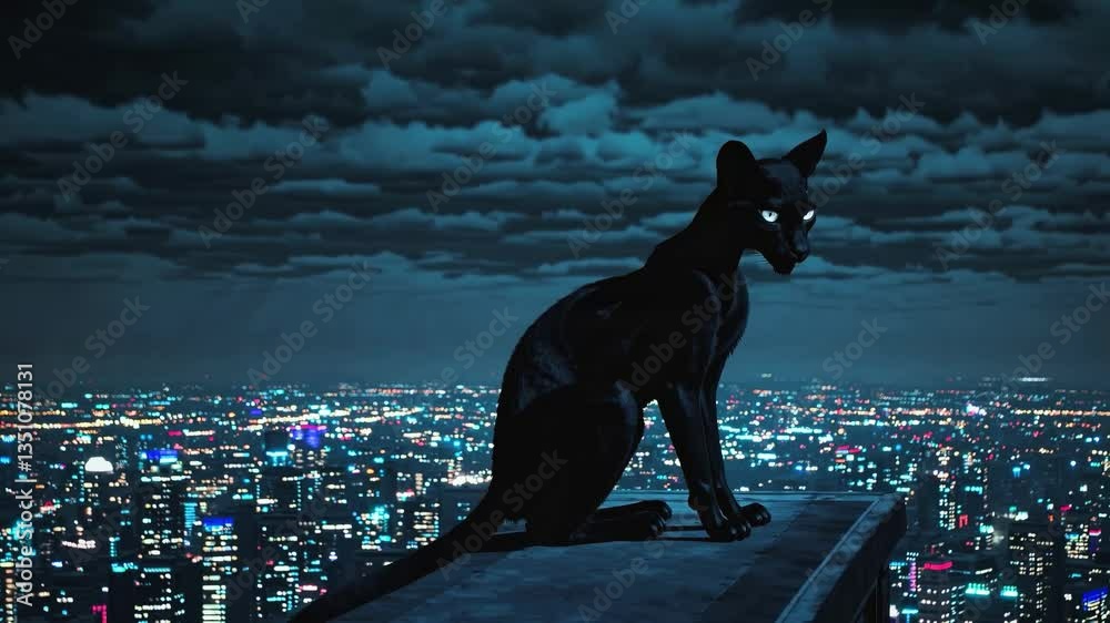 Silhouette of Cat Watching City Lights Panorama from High Vantage Point