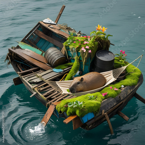 A cozy floating island of debris with a relaxed capybara lounging in a hammock over water.