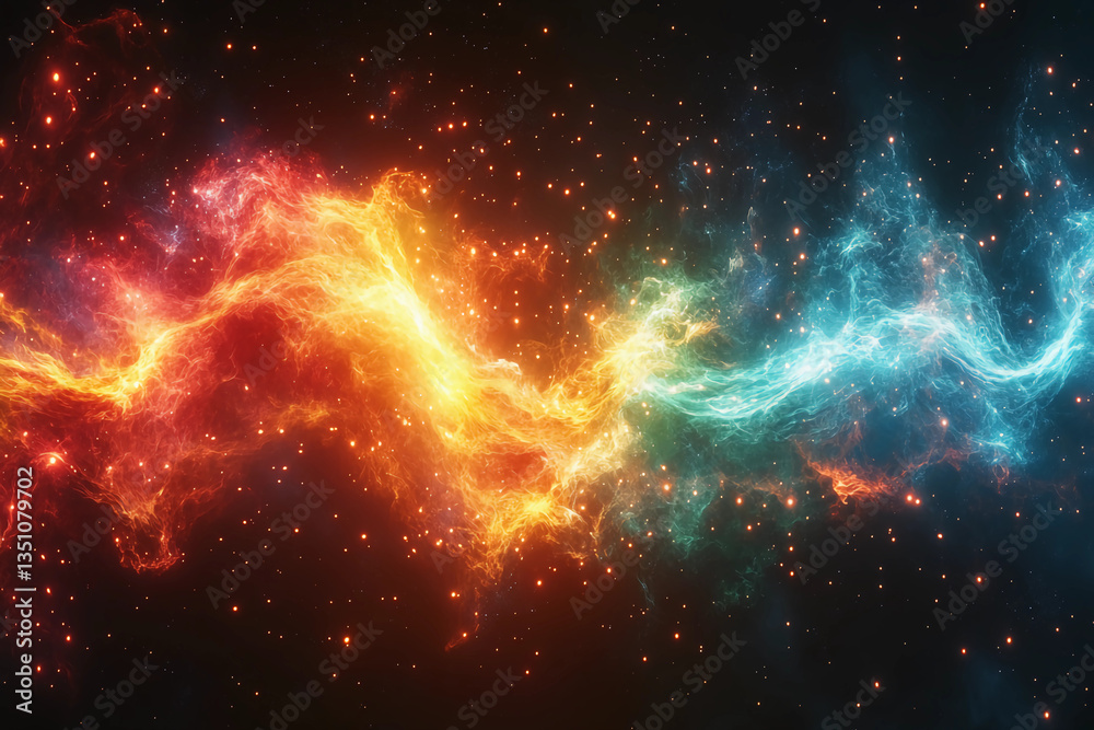 Fototapeta premium Blue, Red, and Green Energy Threads Flowing in Synchronized Motion, Merging into a Bright Central Orb of Light with Powerful Energy and Radiance