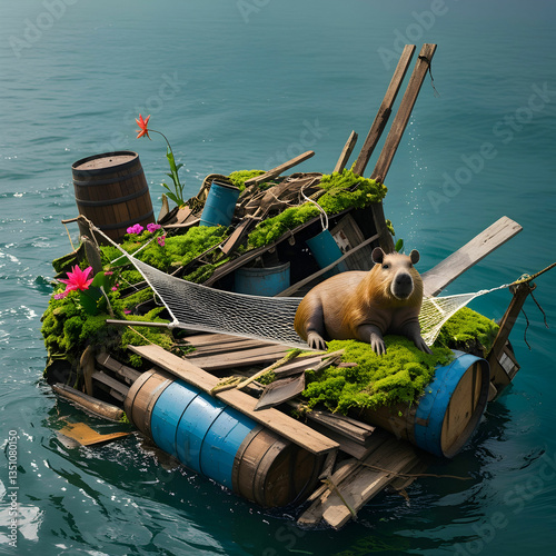 A cozy floating island of debris with a relaxed capybara lounging in a hammock over water.