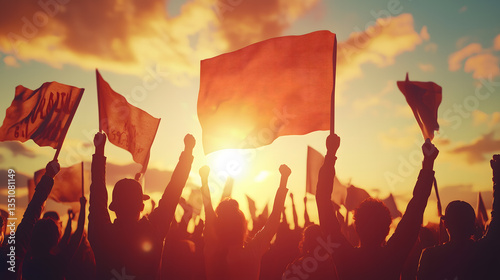 Workers raising fists with flags during a powerful protest at sunset. Protesters with raised fists and flags during a sunset demonstration