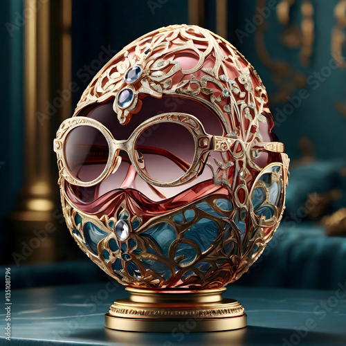 Hyperrealistic designer rose-colored glasses in a high-end fashion ad with intricate, luxurious details