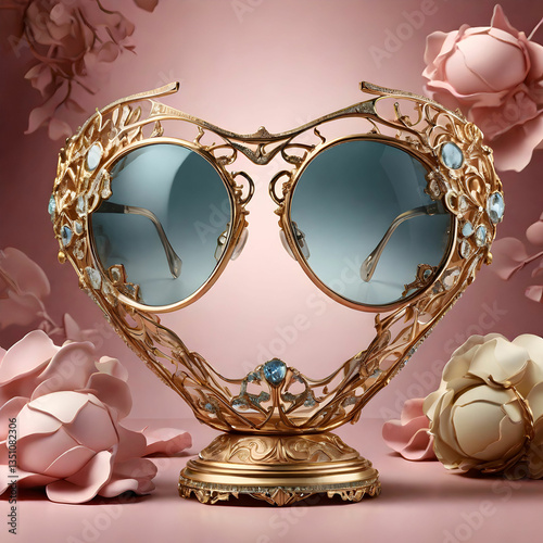 Hyperrealistic designer rose-colored glasses in a high-end fashion ad with intricate, luxurious details