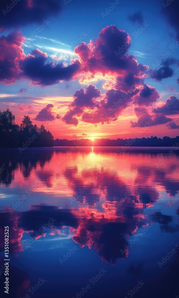 Obraz premium Beautiful sunset over the lake with colorful clouds reflected on the water