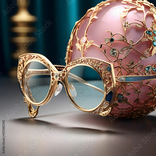 Hyperrealistic designer rose-colored glasses in a high-end fashion ad with intricate, luxurious details
