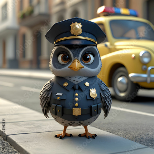 Cartoonish owl-like bird in a police uniform with gold insignia, wearing a dark blue cap