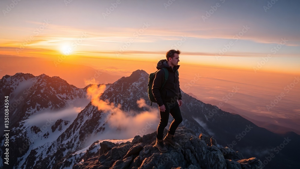 Obraz premium A lone hiker silhouetted against a breathtaking sunset, conquering a snow-capped mountain peak, feeling the thrill of achievement bathed in warm golden light.