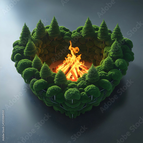 Surreal 3D heart of interwoven green trees, glowing with natural light on a gray background