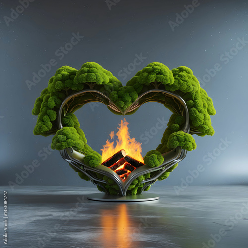 Surreal 3D heart of interwoven green trees, glowing with natural light on a gray background