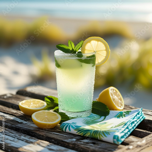 Refreshing summer drink with ice, citrus slices, and mint, perfect for hot sunny days