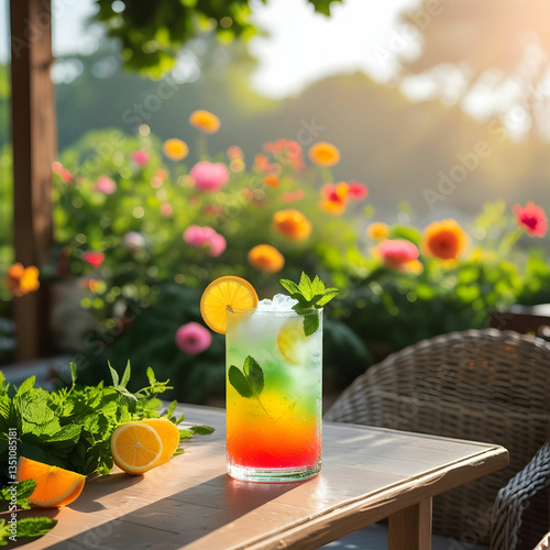 Refreshing summer drink with ice, citrus slices, and mint, perfect for hot sunny days