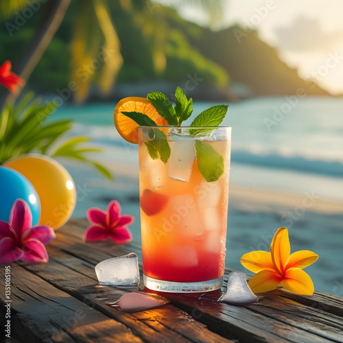 Refreshing summer drink with ice, citrus slices, and mint, perfect for hot sunny days