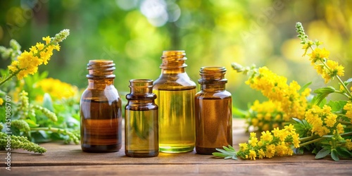 Bottles of aromatherapy essential oil with fresh blooming agrimony plant, aromatherapy bottles, medicinal plants