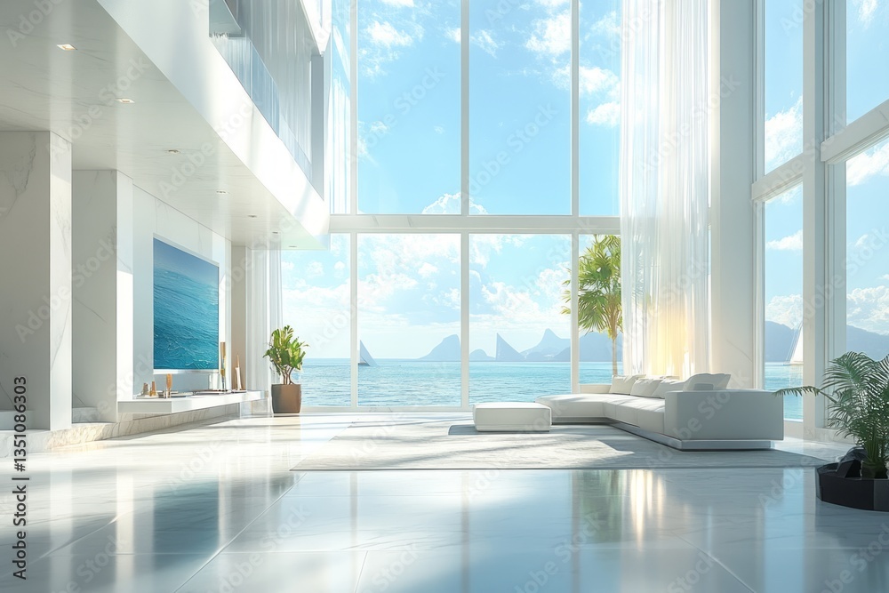 Fototapeta premium Luxurious ocean view living room with floor to ceiling windows
