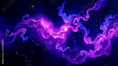 Cosmic Dance of Purple Nebulae swirling through a dark universe, illuminated by distant starlight, creating a vibrant and ethereal spectacle.