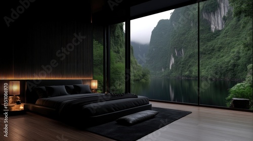Modern bedroom with stunning mountain views.  Dark, sophisticated design with luxurious bedding and wall paneling. Large windows showcase a serene landscape