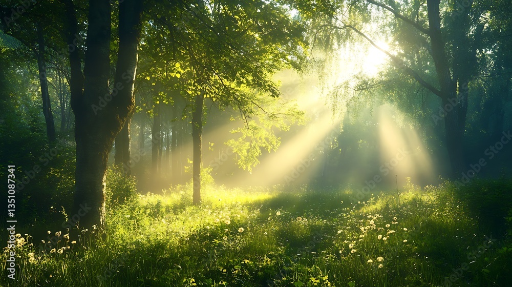 Obraz premium Sunbeams in Misty Summer Forest.