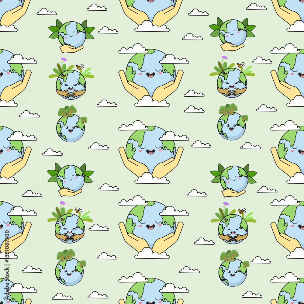Obraz premium Earth cartoon seamless pattern background. Earth doodle illustration. Earth cartoon background. Perfect for fabric, textile, wallpaper, decor, shirt, illustration, print, packaging