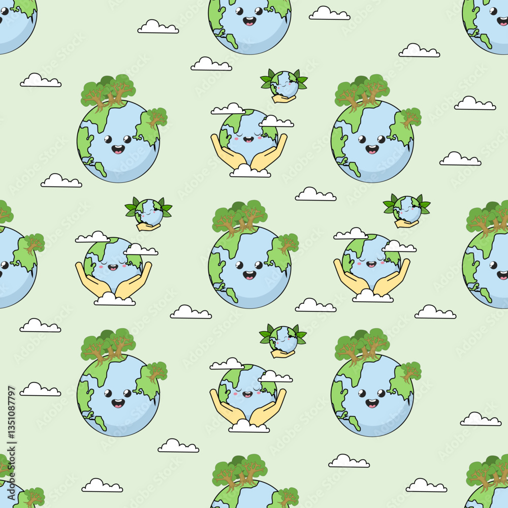 Fototapeta premium Earth cartoon seamless pattern background. Earth doodle illustration. Earth cartoon background. Perfect for fabric, textile, wallpaper, decor, shirt, illustration, print, packaging
