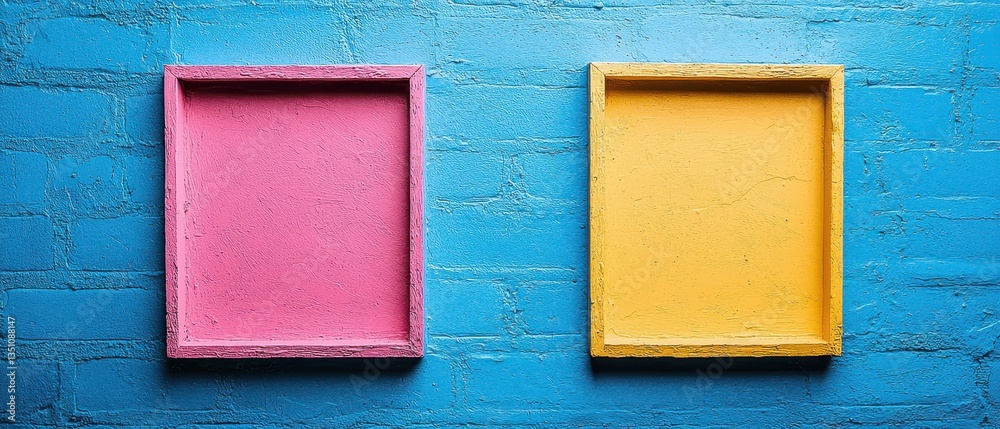 Fototapeta premium Two bright wooden frames, shaped as rectangles in pink, yellow, and blue color, hold an empty space.
