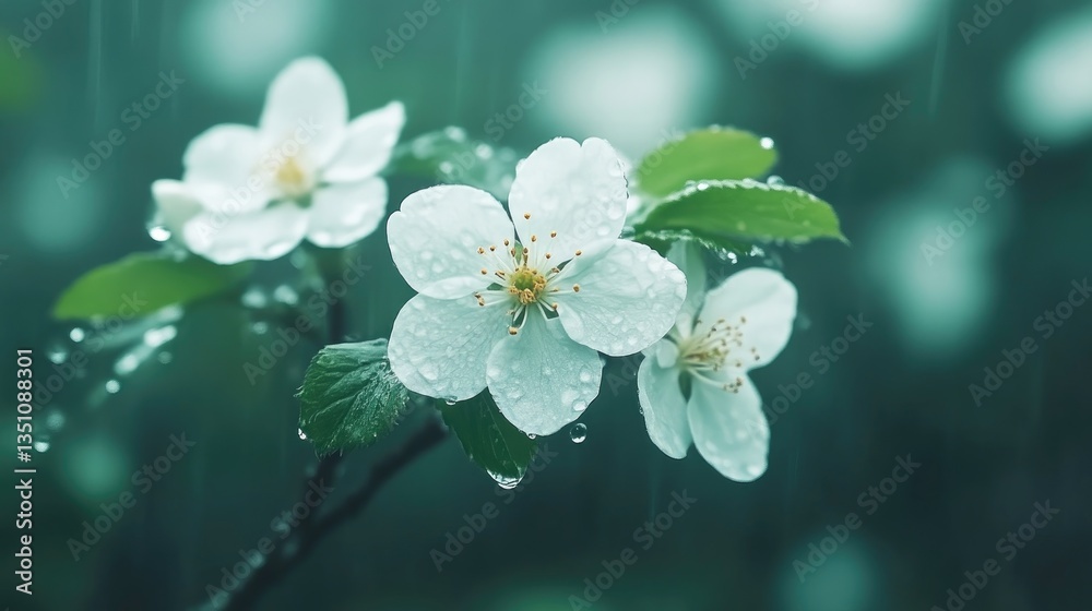 Delicate white blossoms in springtime rain
