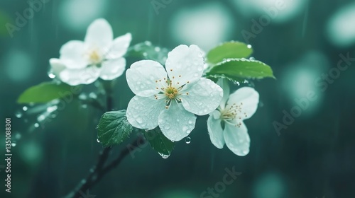 White apple blossoms covered in fresh raindrops cling to a branch during a spring rain shower.